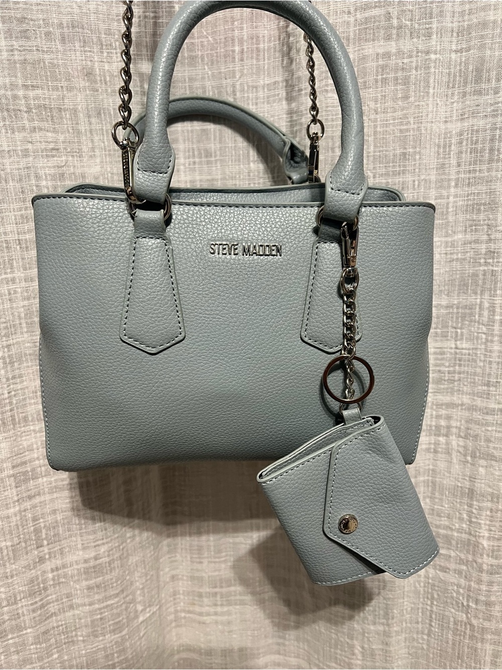 Steve Madden Light Blue Leather Satchel with Chain Strap and Key Pouch